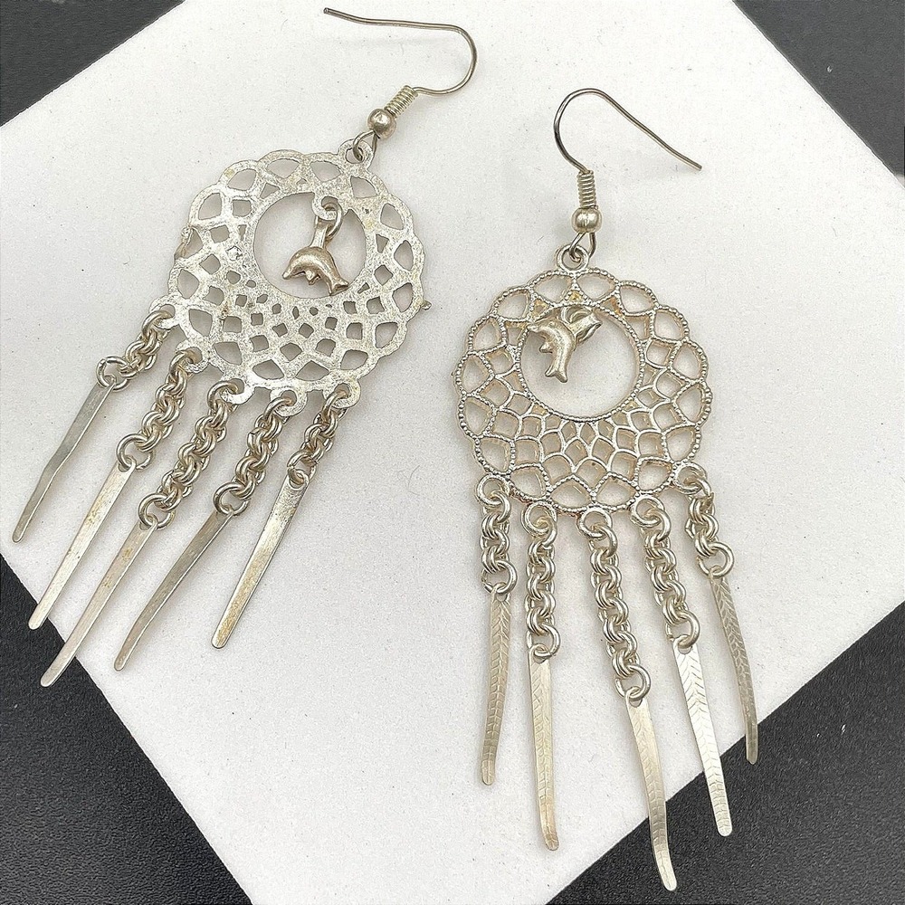 Vintage Silver-Tone Spike Tassel Dolphin Dangle Chandelier French Wire Earrings